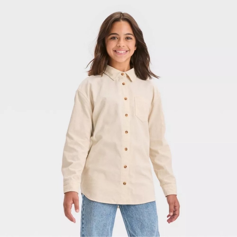 Corduroy! NEW Girl's Art Class Ivory Soft Corduroy Button Up Long Sleeves Shirt - Picture 3 of 14